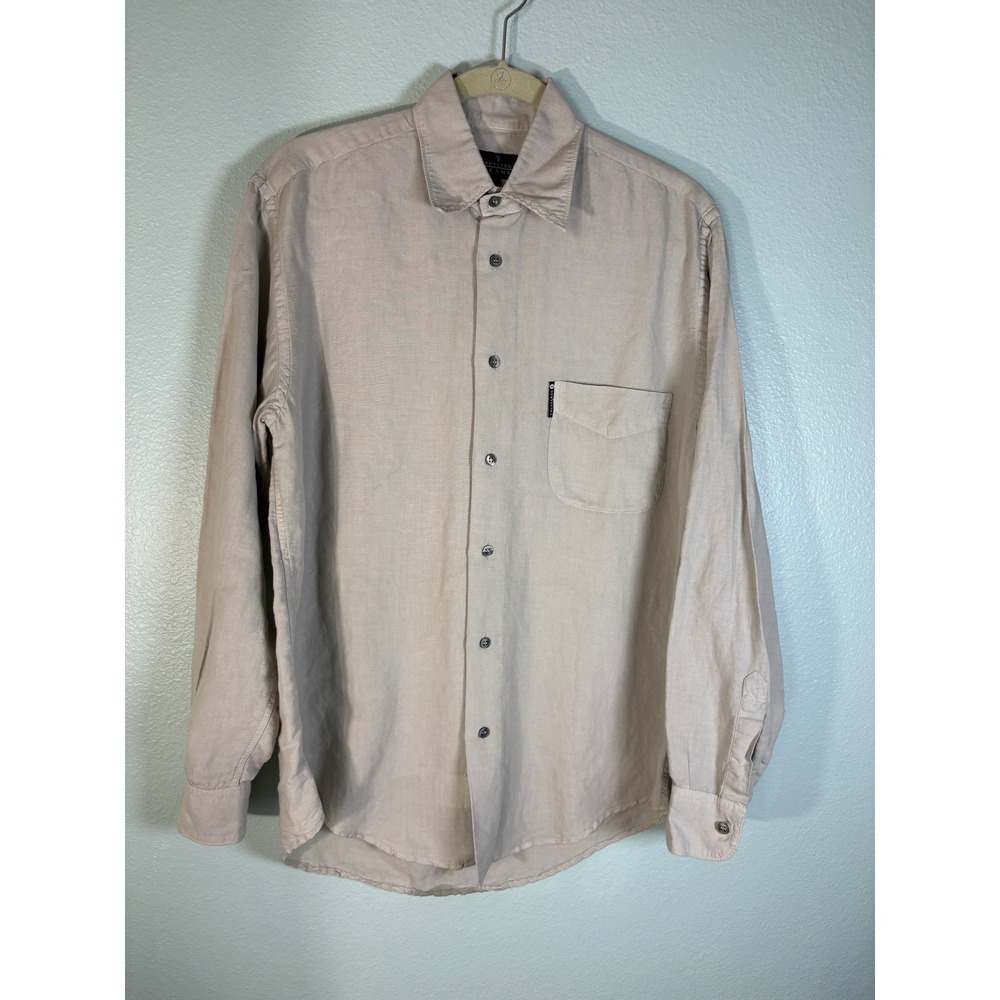 Vintage Trussardi Jeans Men M Linen Cotton Blend Button Up Shirt Greige Gray